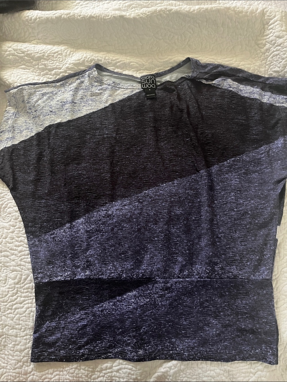 Clara Sun Woo Navy and Light Gray Textured Colorblock Top short sleeve S